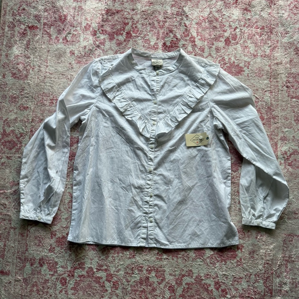St. John's Bay White Ruffled V-Yoke Button Down Blouse